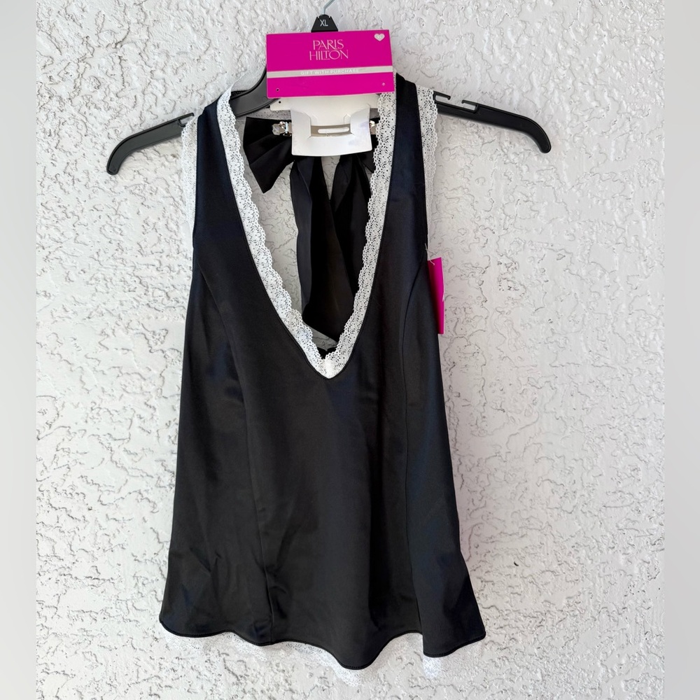 Paris Hilton Black Satin Halter neck tank top lace trim w bow hair clip XL